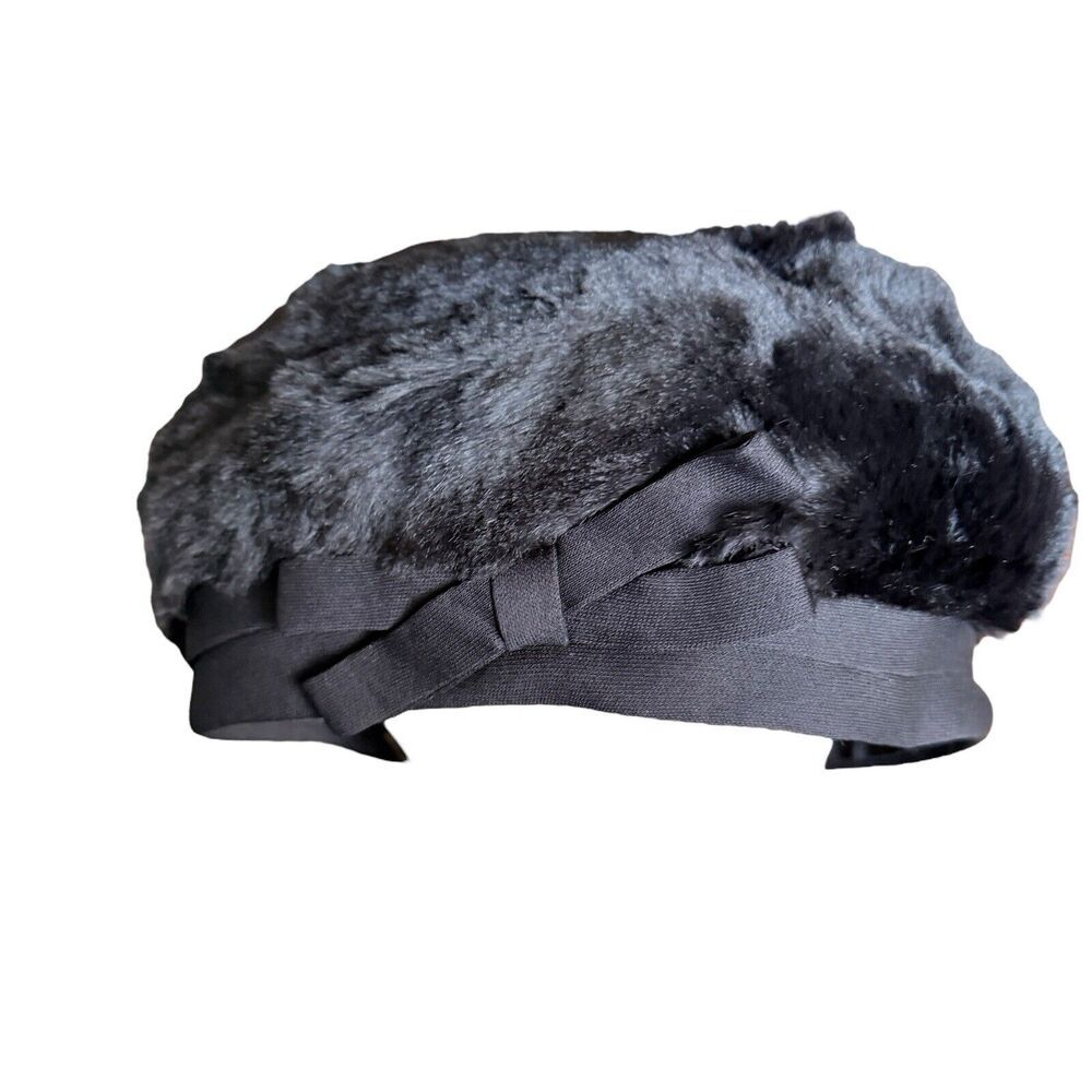 Vintage Faux Fur Pillbox Hat Bow Union Made 1950's/60's Glam Aubrey Hepburn